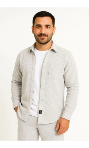 Erkek Fitilli Kadife Cepli Gömlek Oversize Rahat Kalıp - Gri