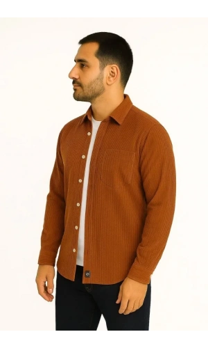 Erkek Fitilli Kadife Cepli Gömlek Oversize Rahat Kalıp - Kahverengi