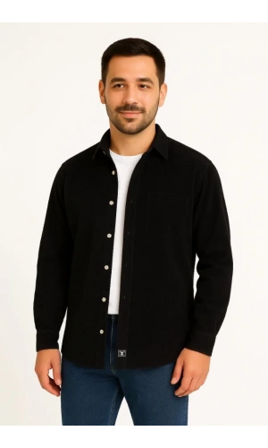 Erkek Fitilli Kadife Cepli Gömlek Oversize Rahat Kalıp - Siyah