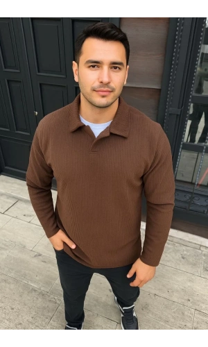Erkek Fitilli Polar Sweatshirt – Düğmesiz Polo Yaka, Oversize Rahat Kalıp, Kalın Polar Kumaş, Kışlık ve Baharlık Şık Günlük Üst - Kahverengi