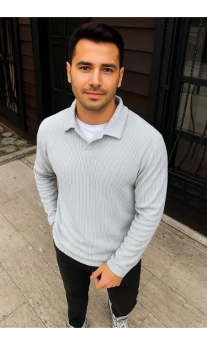 Erkek Fitilli Polar Sweatshirt – Düğmesiz Polo Yaka, Oversize Rahat Kalıp, Kalın Polar Kumaş, Kışlık Ve Baharlık Şık Günlük Üst - Gri