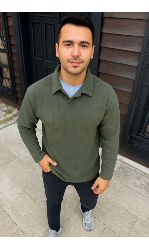 Erkek Fitilli Polar Sweatshirt – Düğmesiz Polo Yaka, Oversize Rahat Kalıp, Kalın Polar Kumaş, Kışlık ve Baharlık Şık Günlük Üst - Haki