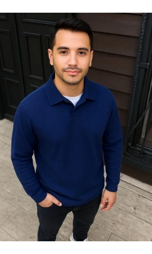 Erkek Fitilli Polar Sweatshirt – Düğmesiz Polo Yaka, Oversize Rahat Kalıp, Kalın Polar Kumaş, Kışlık Ve Baharlık Şık Günlük Üst - Lacivert