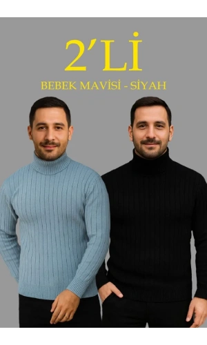 Erkek Fitilli Triko Kazak 2li Set Bebek Mavisi Siyah Regular Balıkcı Yaka Tam Boğazlı Triko Seti Modeli Kazak