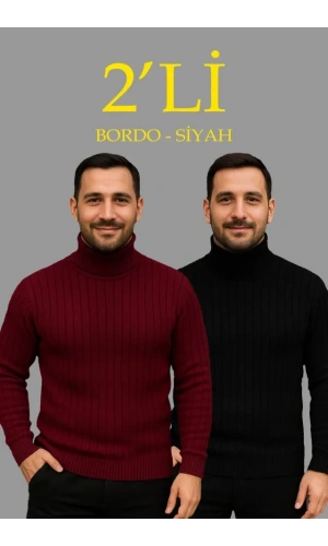 Erkek Fitilli Triko Kazak 2li Set Bordo Siyah Regular Balıkcı Yaka Tam Boğazlı Triko Seti Modeli Kazak