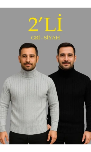 Erkek Fitilli Triko Kazak 2li Set Gri Siyah Regular Balıkcı Yaka Tam Boğazlı Triko Seti Modeli Kazak