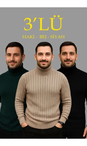 Erkek Fitilli Triko Kazak 3lÜ Set Bej Haki Siyah Regular Balıkcı Yaka Tam Boğazlı Triko Seti Modeli Kazak