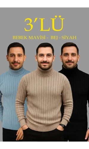 Erkek Fitilli Triko Kazak 3lÜ Set Bebek Mavisi Bej Siyah Regular Balıkcı Yaka Tam Boğazlı Triko Seti Modeli Kazak