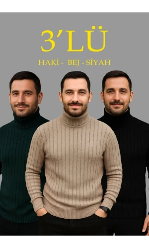 Erkek Fitilli Triko Kazak 3lÜ Set Bej Haki Siyah Regular Balıkcı Yaka Tam Boğazlı Triko Seti Modeli Kazak
