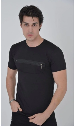 Erkek Göğüste Fermuar Aksesuarlı Dar Kalıp T-Shirt - Siyah