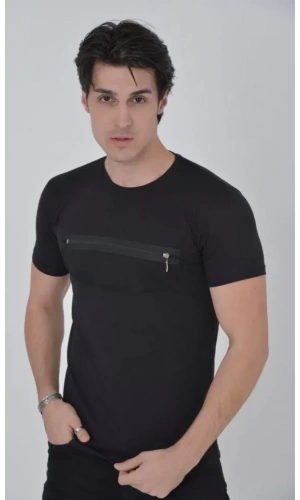Erkek Göğüste Fermuar Aksesuarlı Dar Kalıp T-Shirt - Siyah