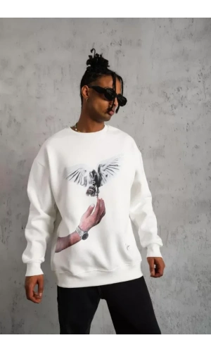 Erkek Güvercin Baskılı Sweatshirt - Beyaz