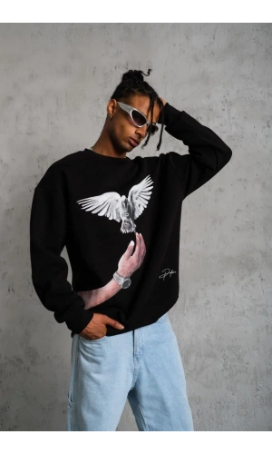 Erkek Güvercin Baskılı Sweatshirt - Siyah