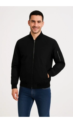 Erkek Içi Astarlı Fermuarlı Bomber Mont Ceket - Siyah