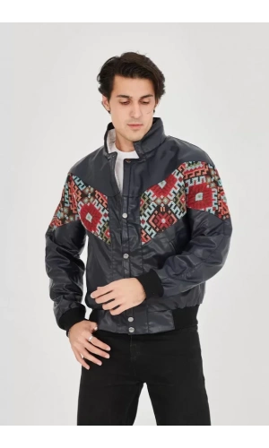 Erkek İçi Astarlı İçten Yaka Kısmı Peluşlu Suni Kumaş Vintage Ceket - Lacivert