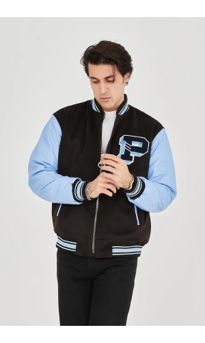 Erkek İçten Elyaf ve Astarlı Kolları Suni Deri Ceket - Mavi