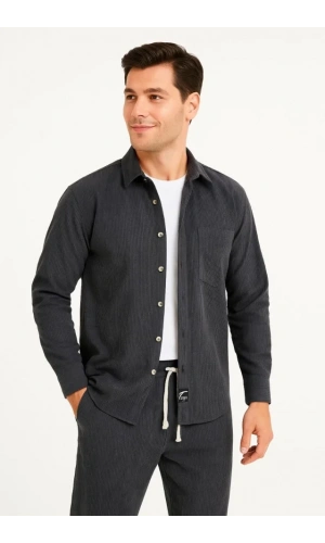 Erkek Kadife Oversize Takım – Gömlek Ve Pantolon İkili Set Füme Corduroy Şıklığı, Rahat Ve Zarif Duruş Yumuşak Dokulu Kadife Kumaş, Düğmeli Gömlek Üst Ve Lastikli Pantolon Alt Parça Ile Gün Boyu Konfor- Füme