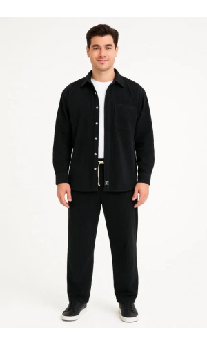 Erkek Kadife Oversize Takım – Gömlek Ve Pantolon İkili Set Füme Corduroy Şıklığı, Rahat Ve Zarif Duruş Yumuşak Dokulu Kadife Kumaş, Düğmeli Gömlek Üst Ve Lastikli Pantolon Alt Parça Ile Gün Boyu Konfor- Siyah