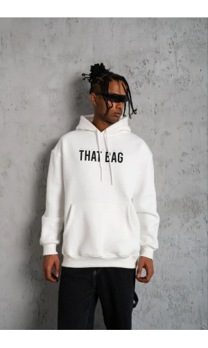 Erkek Kanguru Cep Baskılı Kapüşonlu Sweatshirt - Beyaz