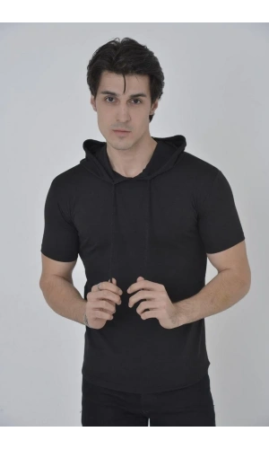 Erkek Kapşonlu Slim Fit T-shirt - Siyah