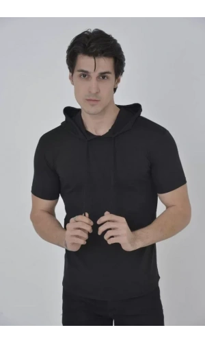 Erkek Kapşonlu Slim Fit T-shirt - Siyah