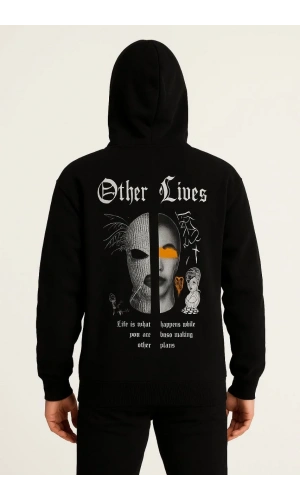 Erkek Kapşonlu Sweatshirt – Oversize Üç İplik Şardonlu Hoodie, “Other Lives” Ön & Arka Baskılı, Kanguru Cepli, Kışlık Rahat Günlük Stil - Siyah