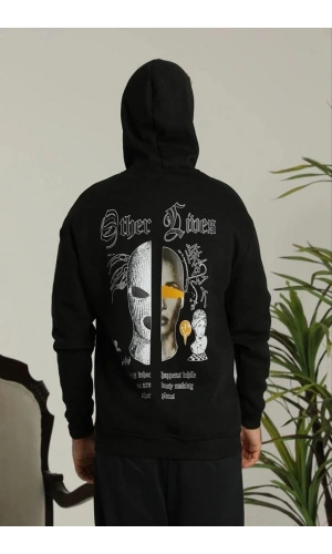 Erkek Kapşonlu Sweatshirt – Oversize Üç İplik Şardonlu Hoodie, “Other Lives” Ön & Arka Baskılı, Kanguru Cepli, Kışlık Rahat Günlük Stil - Siyah
