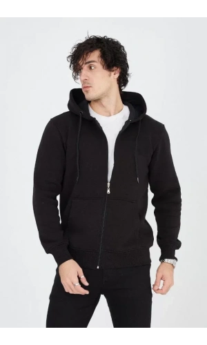 Erkek Kapüşonlu Düz Fermuarlı Hırka - Siyah