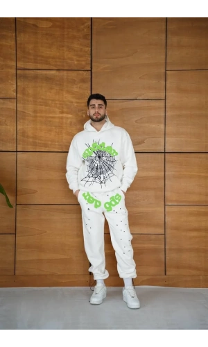 Erkek Kapüşonlu Eşofman Takım Örümcek Ağı ve Neon Yeşil Baskılı Kanguru cepli Oversize Rahat Kalıp, Premium Üç İplik Kumaş - Beyaz