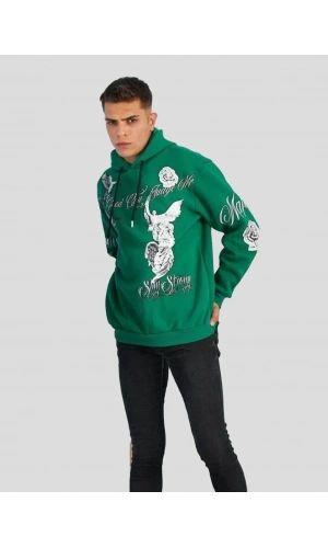 Erkek Kapüşonlu Strong Heykel Baskılı Sweatshirt - Yeşil