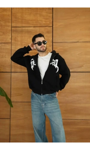 Erkek Kapüşonlu Sweatshirt  Hoodie 3 İplik Şardonlu Pamuklu Kumaş, Önü Baskılı, Fermuarlı Rahat Kalıp, Kışlık Ve Sokak Stili Sweat - Siyah