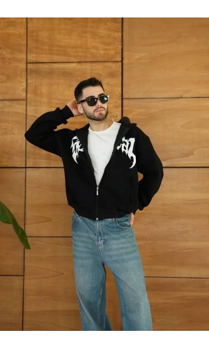 Erkek Kapüşonlu 3 İplik Şardonlu Önü Baskılı Fermuarlı Oversize Sweatshirt - Siyah