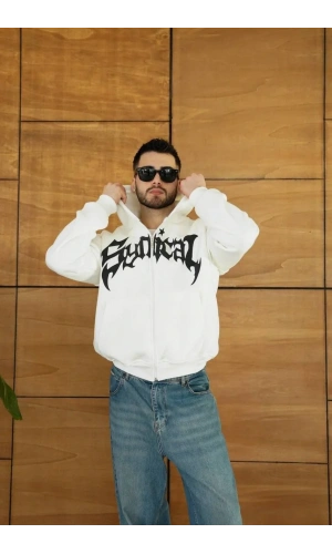 Erkek Kapüşonlu 3 İplik Şardonlu Önü Baskılı Fermuarlı Oversize Sweatshirt - Beyaz