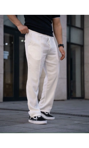 Erkek Keten Cepli Çıma Dikişli jogger Buggy Pantalon Rahat kalıp - Beyaz
