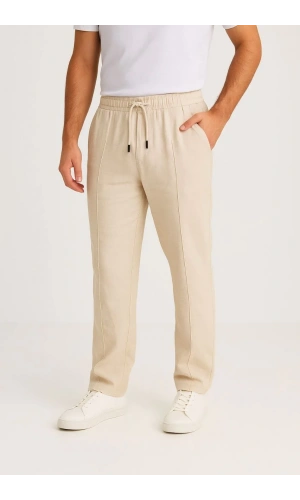 Erkek Keten Pantolon – Cepli, Beli Lastikli ve Bağcıklı, Nefes Alan Rahat Kalıp, Yazlık ve Baharlık Günlük Giyim, Şık & Konforlu Boru Paça Model - Bej