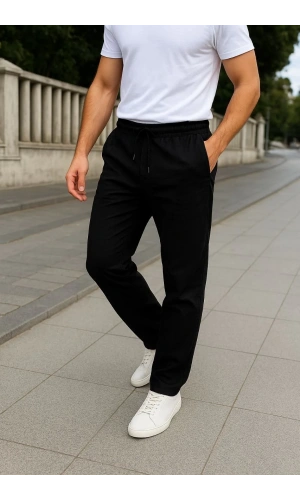 Erkek Keten Pantolon – Cepli, Beli Lastikli ve Bağcıklı, Nefes Alan Rahat Kalıp, Yazlık ve Baharlık Günlük Giyim, Şık & Konforlu Boru Paça Model - Siyah