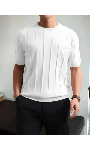 Erkek Kısa Kollu Bisiklet Yaka çizgili Triko Tshirt