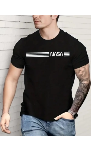 Erkek Kısa Kollu NASA Baskı Bisiklet Yaka T-shirt