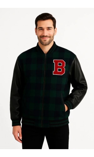 Erkek Kolej Ceket – Kareli Oduncu Kumaş, Kolları Suni Deri, Fermuarlı, İçi Kapitone Astarlı, Nakışlı Oversize Bahar & Kış Stil - Haki