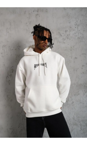 Erkek Kordon İpli Baskılı Kapüşonlu Sweatshirt - Beyaz