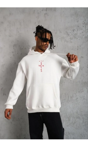 Erkek Kordonlu Arka Maske Kordon Saçlı Kapüşonlu - Beyaz