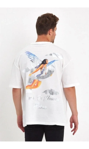 Erkek Melek Baskılı Oversize T-shirt - Beyaz