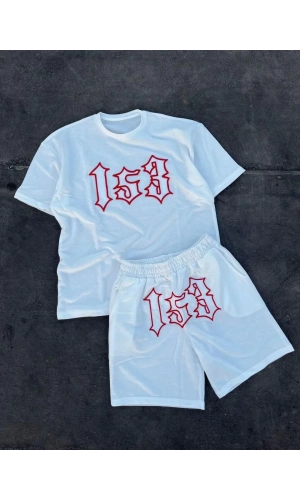 Erkek Nakış İşlemeli Şortlu Takım - Beyaz