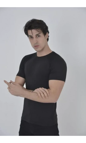 Erkek Omuz Fileli Slim Fit T-shirt - Siyah