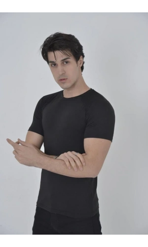 Erkek Omuz Fileli Slim Fit T-shirt - Siyah