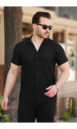 Erkek Ottoman Kumaş Apaj Yaka Kısa Kollu Gömlek
