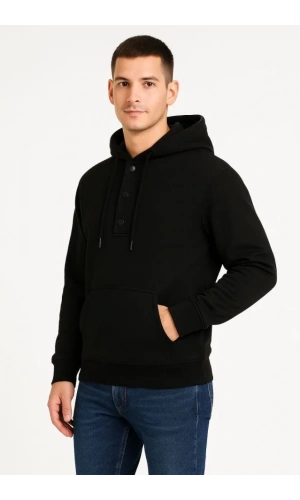 Erkek Ovarsize Kapüşonlu Swetshirt Kanguru Çepli Cıtcıtlı 3 Iplik Şardonlu Hoodie - Siyah