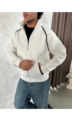 Erkek Oversize Dik Yaka Fermuarlı Sweatshirt - Zincir Nakışli Kanguru Cepli - Beyaz