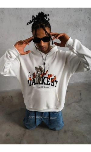 Erkek Oversize Kapüşonlu Sweatshirt – Beyaz Renk Üç İplik İçi Pamuklu Kanguru Cepli Baskılı Hoodie Rahat Kalıp Kışlık Günlük Kombinlere Uygun - Beyaz