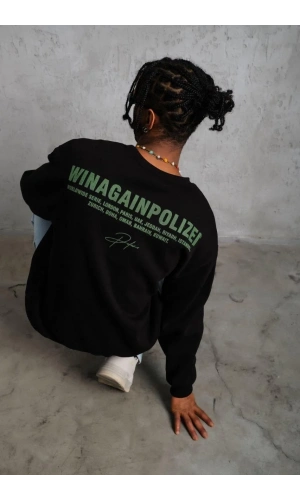 Erkek Oversize Sweatshirt – Siyah Renk | Ön ve Sırt Baskılı, Üç İplik İçi Pamuklu Kumaş, Rahat Kalıp, Ribanalı Kışlık Sweat | Winagain Polizei Serisi - Siyah